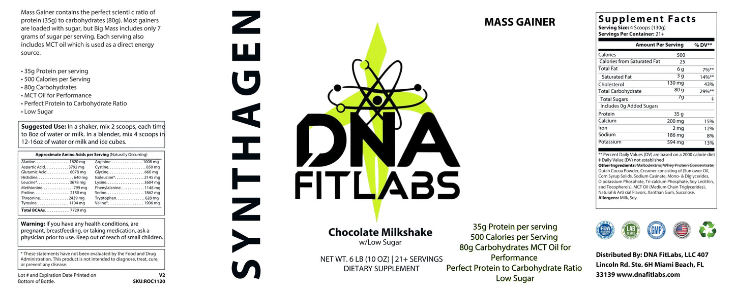 SYNTHAGEN - 6lb Bulk Up! Mass Gainer Chocolate Milkshake w/Low Sugar